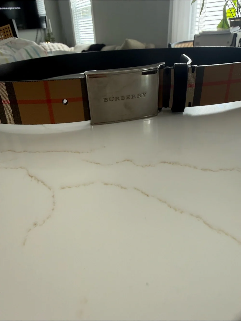 Burberry Tan Check Plaid Men’s Belt with Silver Buckle